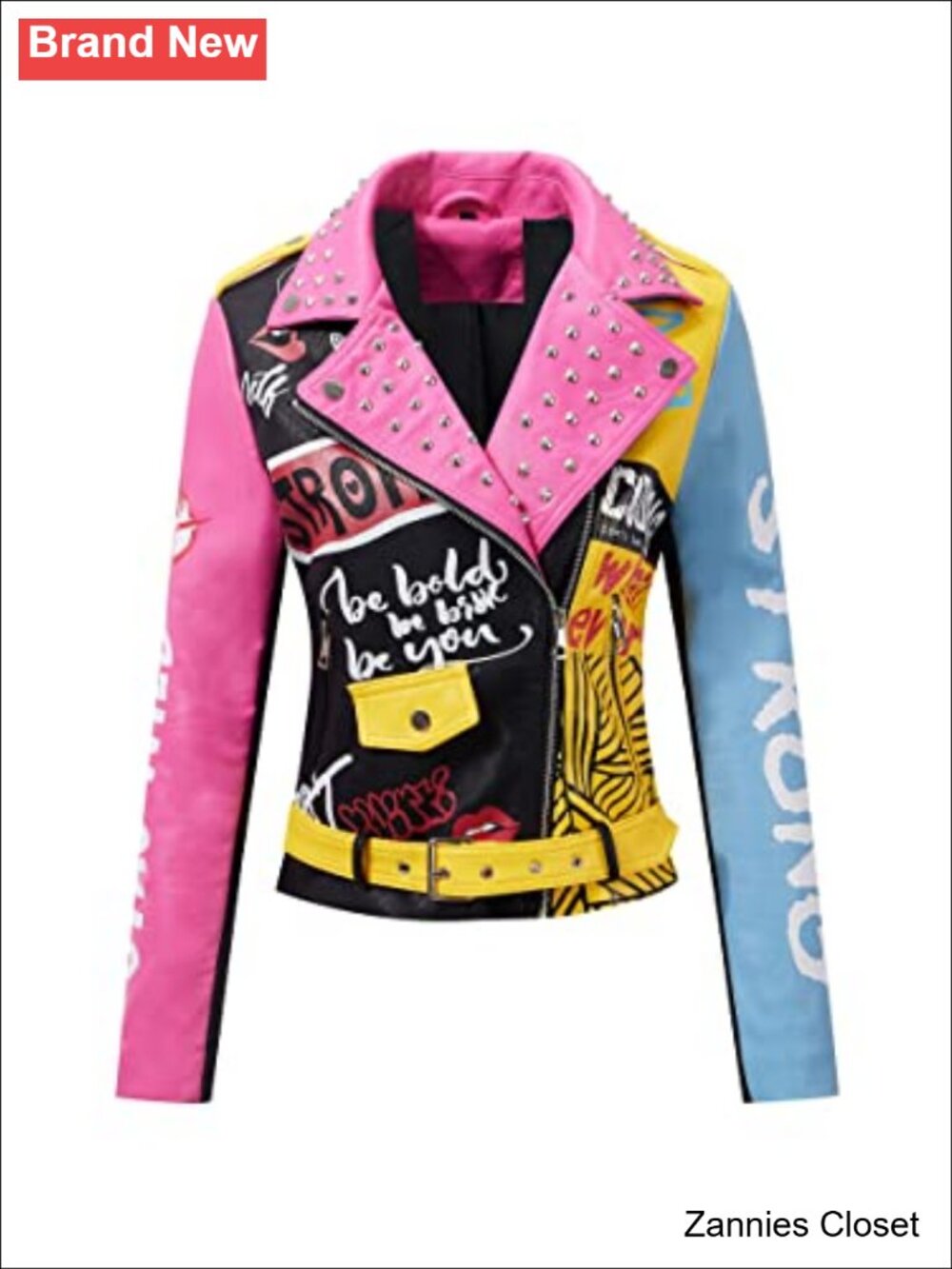 ✨ Faux Leather Moto Jacket Floral Graffiti Studded Biker Coat